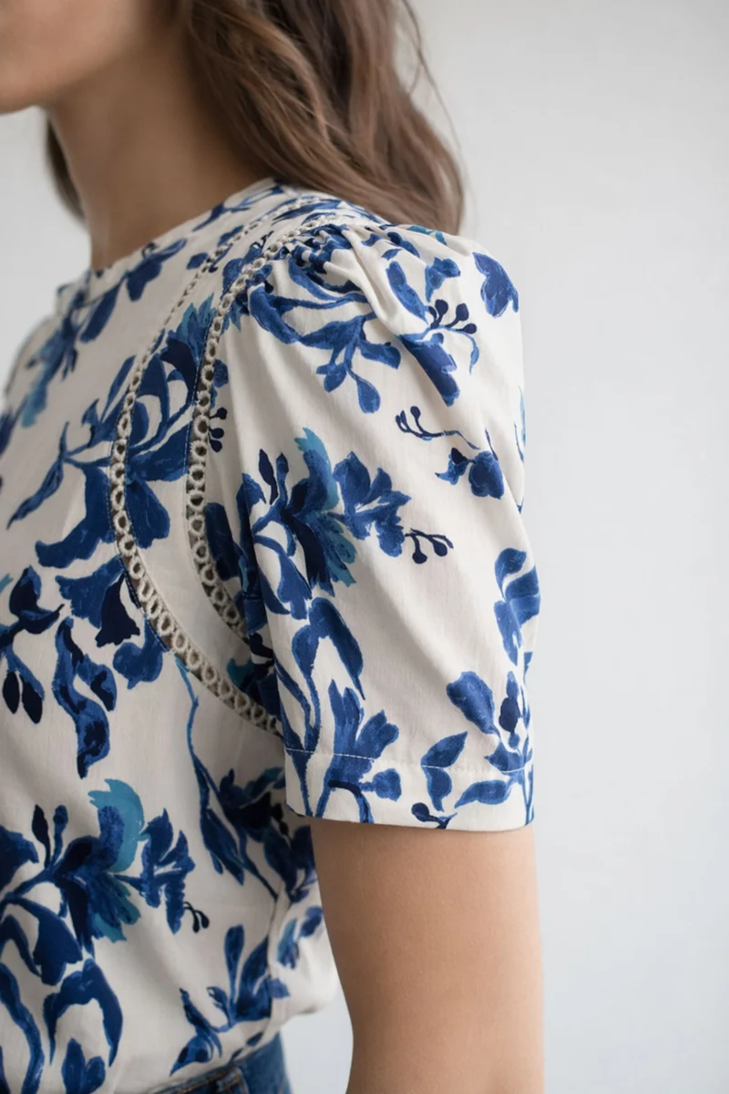 Clarisse|100% Cotton Lace Insert Floral Blouse