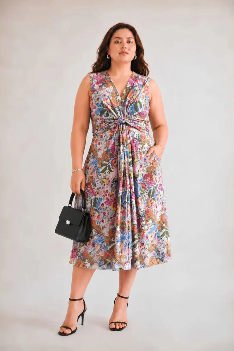 Aviora|100% Viscose Floral Twist-Front Midi Dress