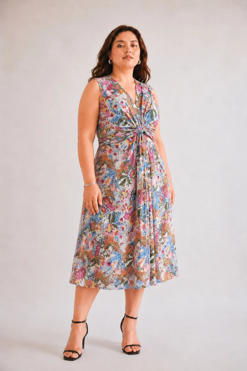 Aviora|100% Viscose Floral Twist-Front Midi Dress