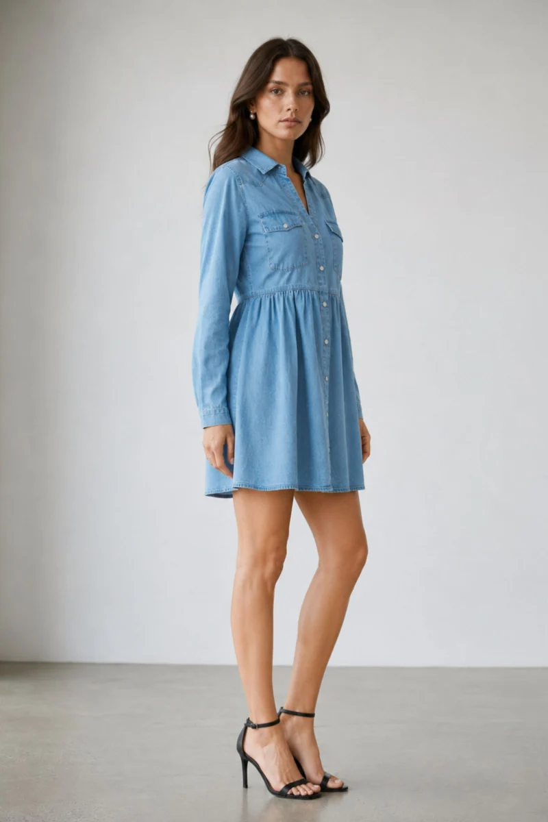 Brakin|100% Cotton Relaxed Denim Shirt Mini Dress