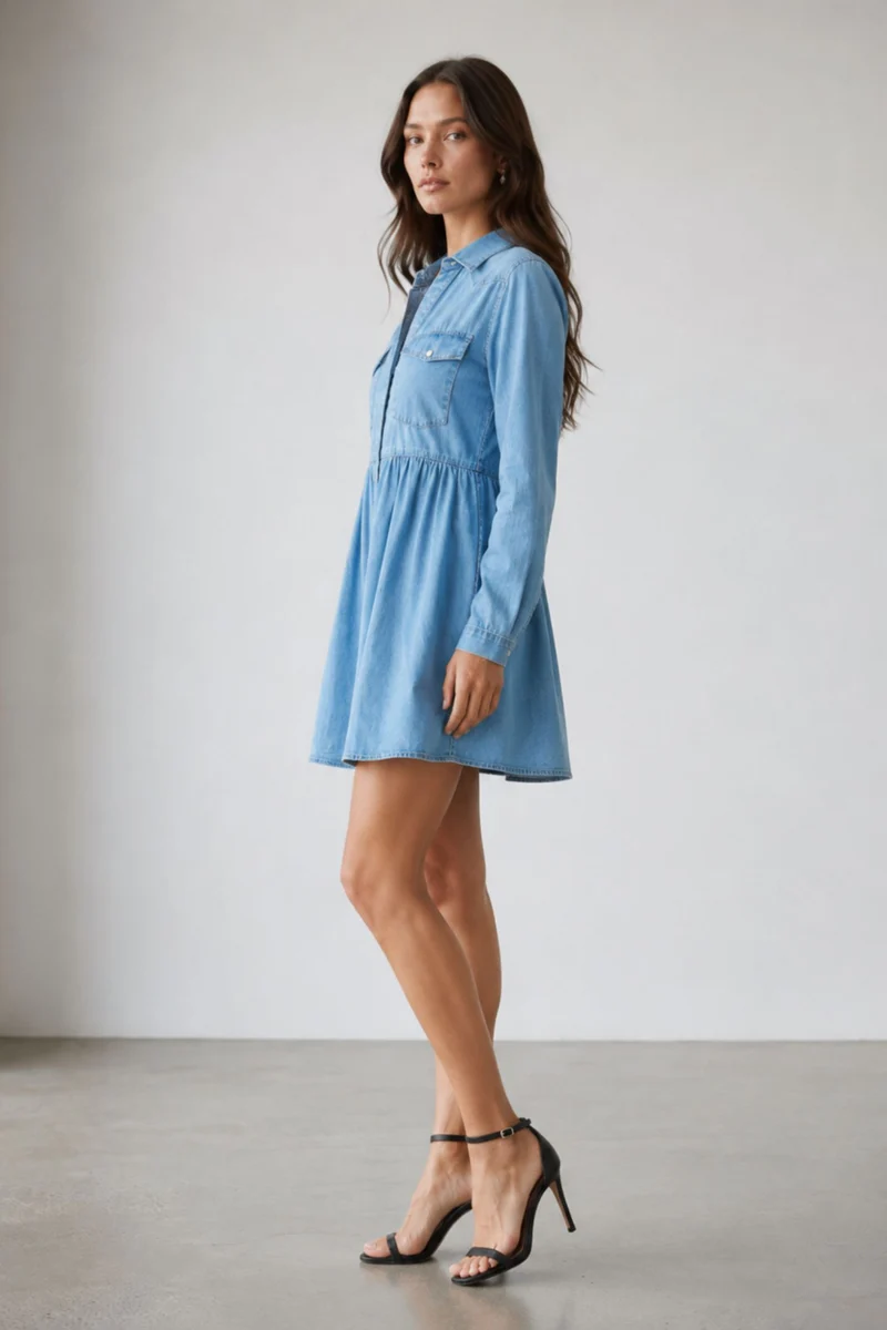 Brakin|100% Cotton Relaxed Denim Shirt Mini Dress
