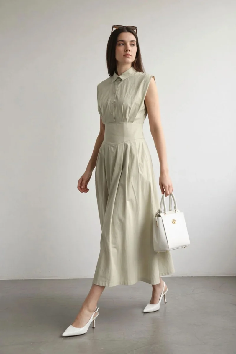 Makeba|100% Cotton Pleated Shirt Dress