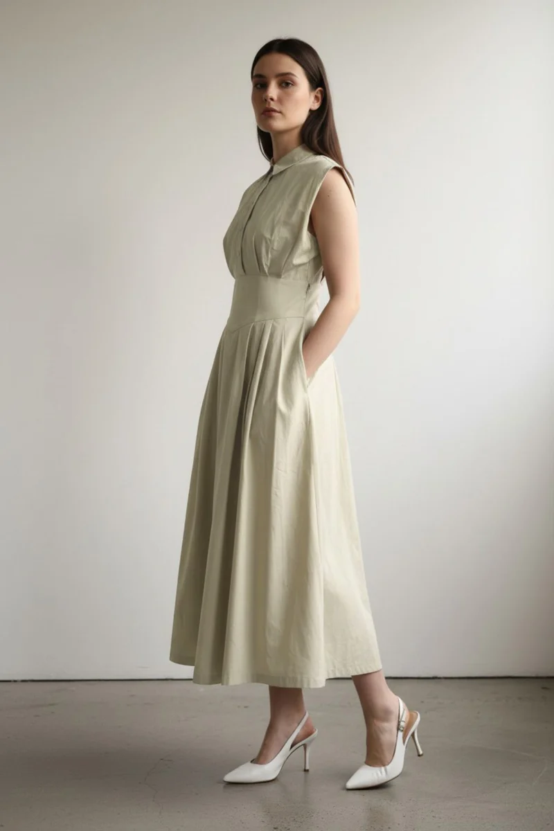 Makeba|100% Cotton Pleated Shirt Dress