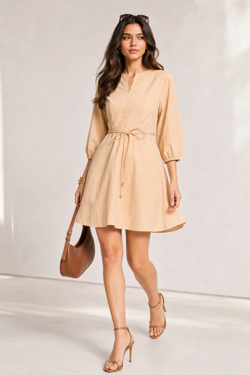 Haanae|100% Cotton Split Crew Neck Mini Dress