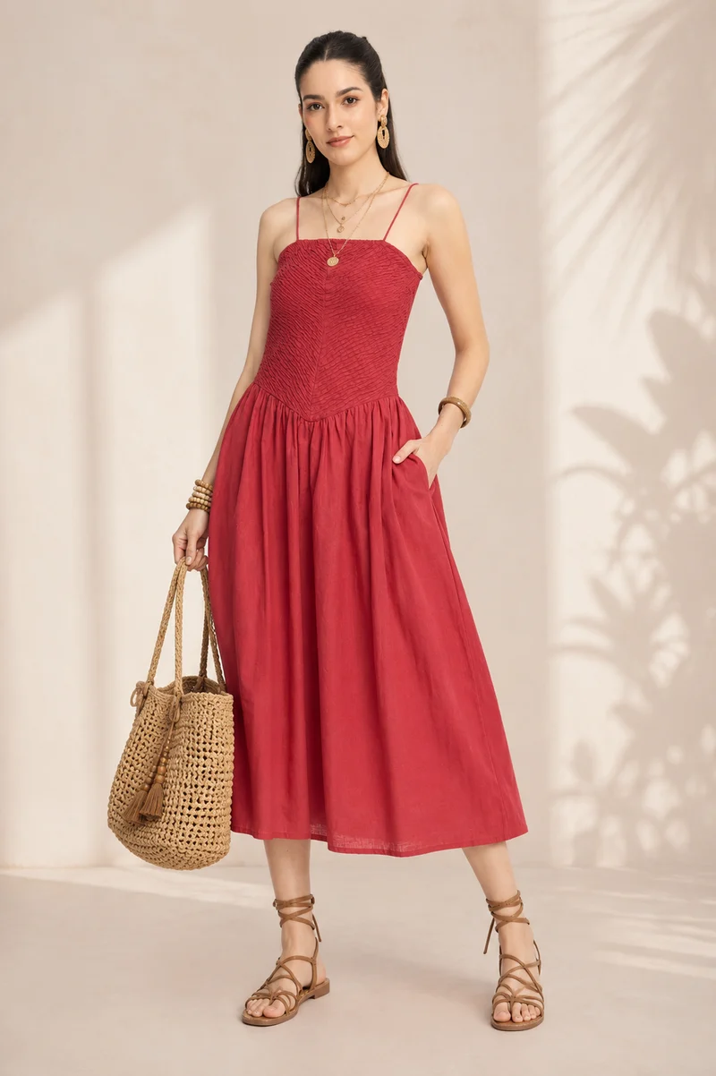 Karunae|100% Cotton Smocked Midi Dress