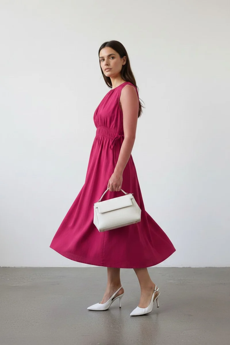 Prisha|100% Cotton Waist Tie Up Midi Dress