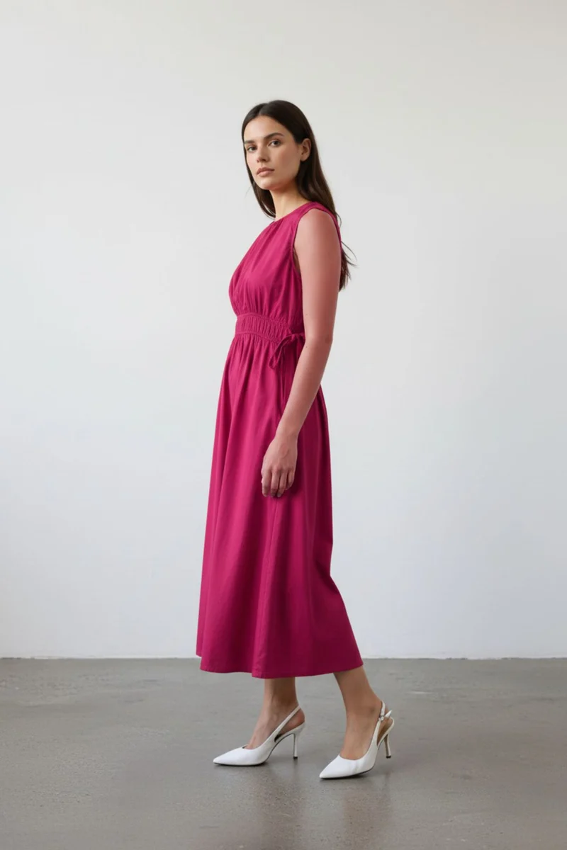 Prisha|100% Cotton Waist Tie Up Midi Dress