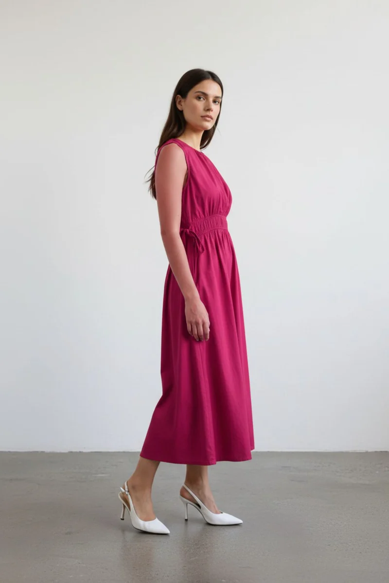 Prisha|100% Cotton Waist Tie Up Midi Dress