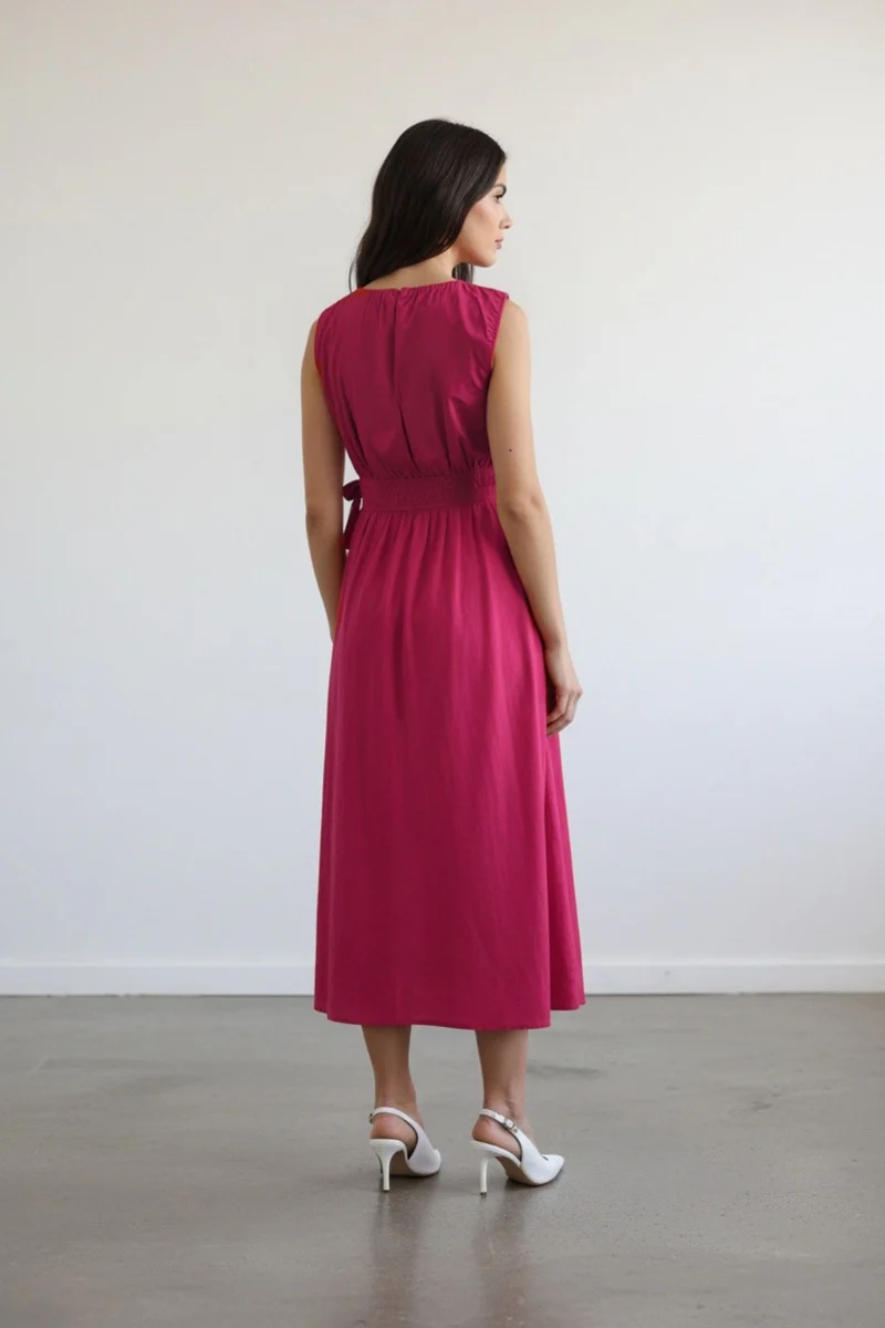 Prisha|100% Cotton Waist Tie Up Midi Dress
