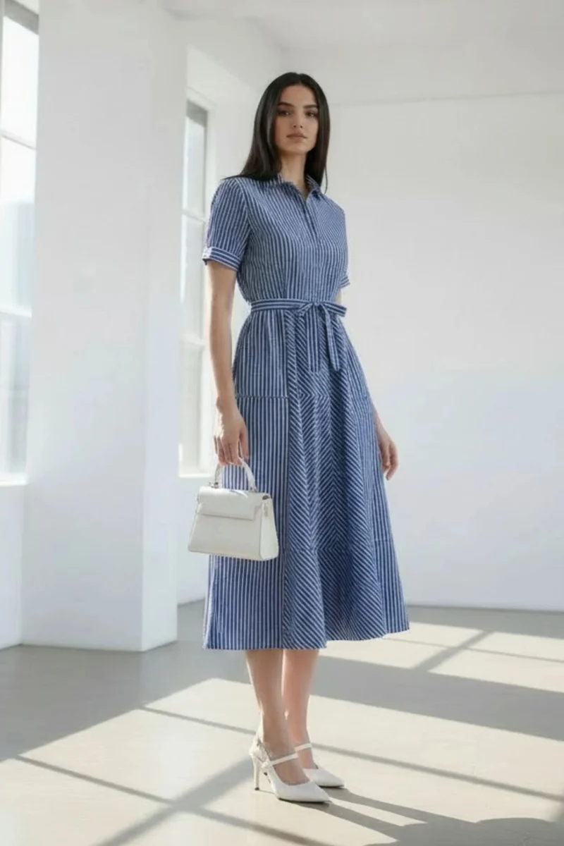 Diya|100% Cotton Striped Shirt Midi Dress