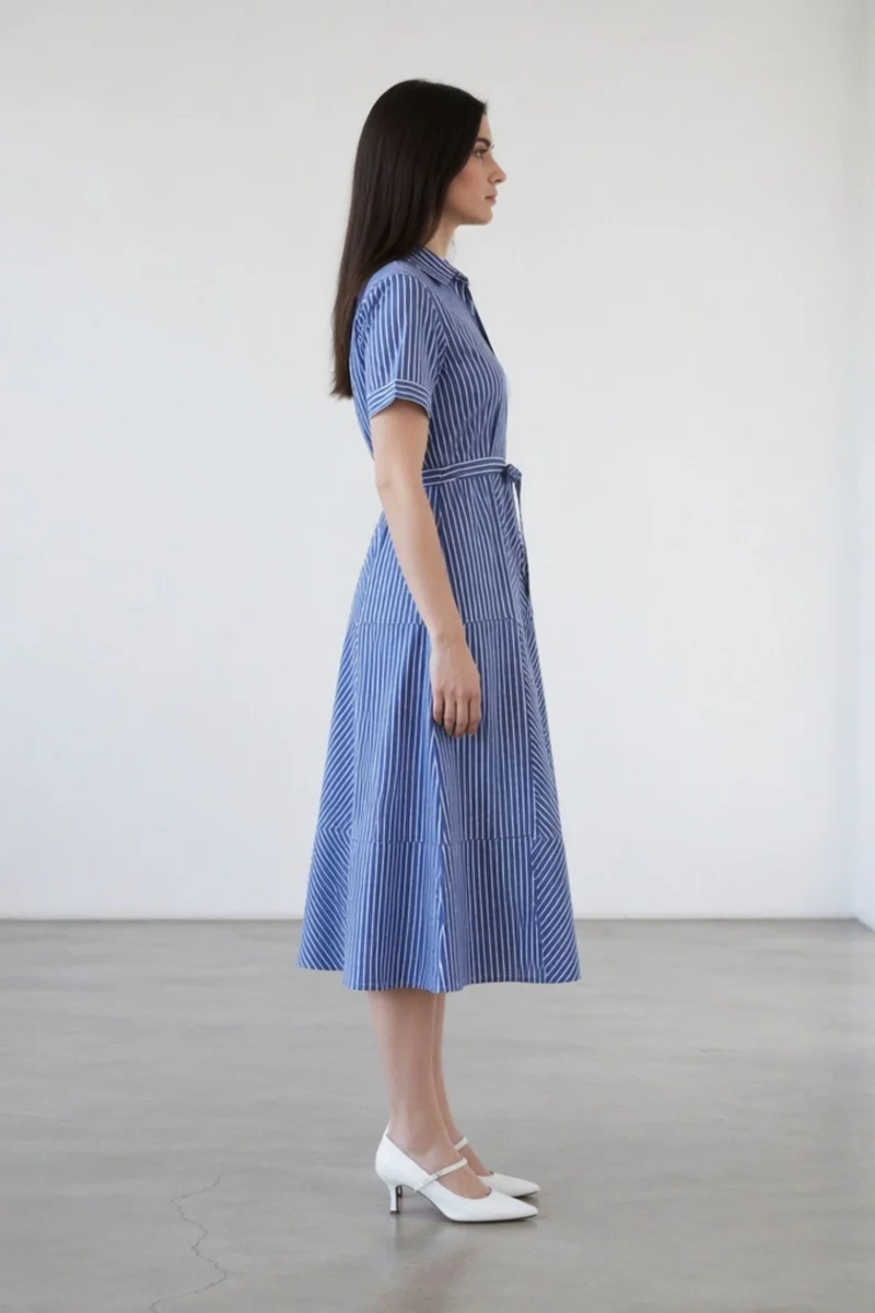 Diya|100% Cotton Striped Shirt Midi Dress