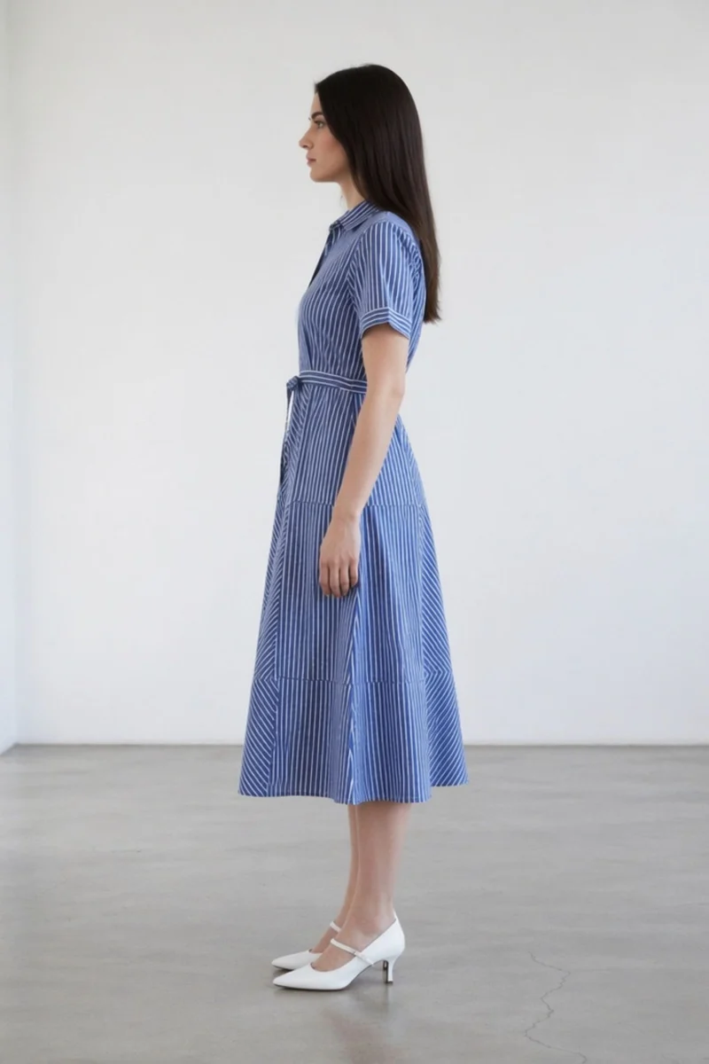 Diya|100% Cotton Striped Shirt Midi Dress