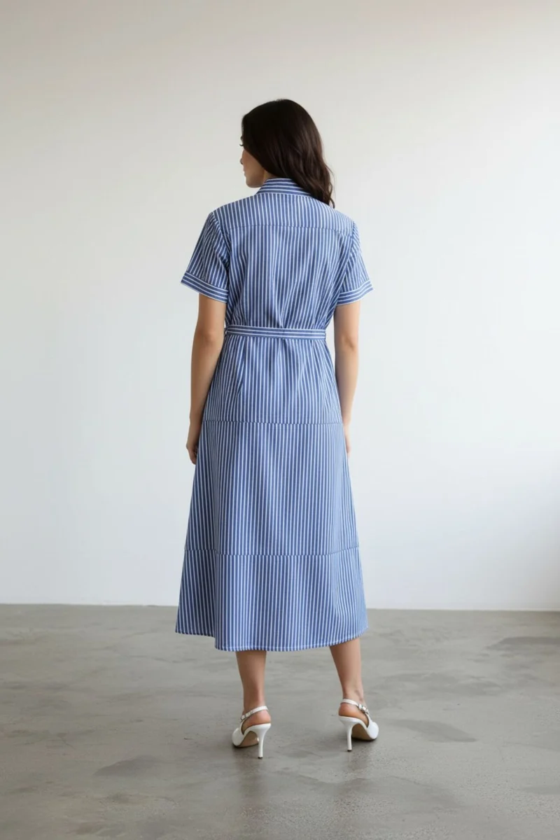 Diya|100% Cotton Striped Shirt Midi Dress