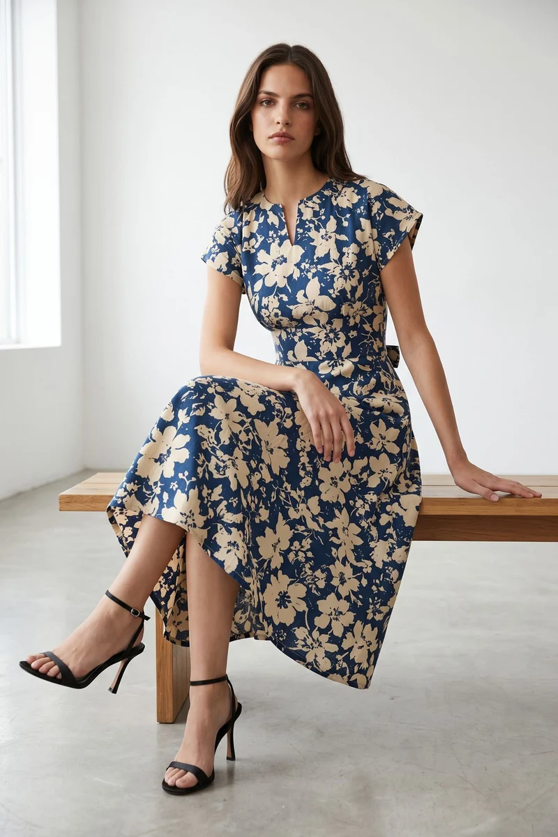 Shanaya|100% Cotton Floral V Neck Tie Up Midi Dress