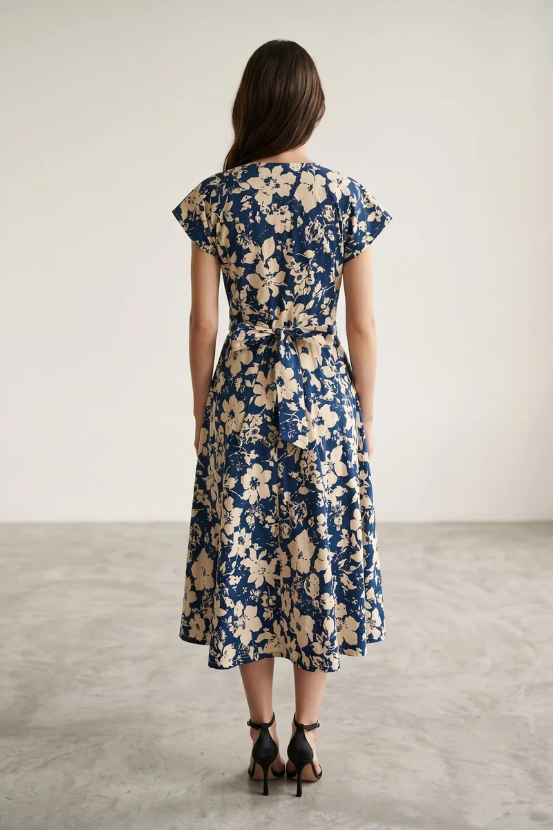 Shanaya|100% Cotton Floral V Neck Tie Up Midi Dress