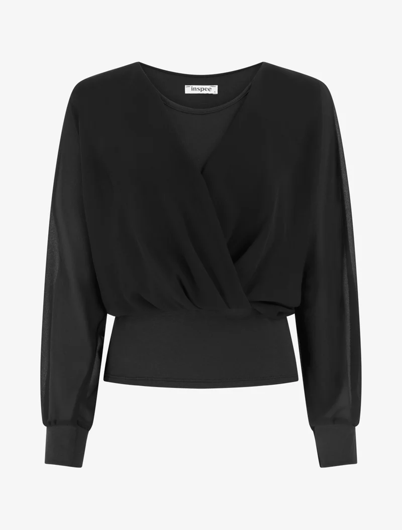 Top à manches style chauve-souris et pans cache-coeur - Noir