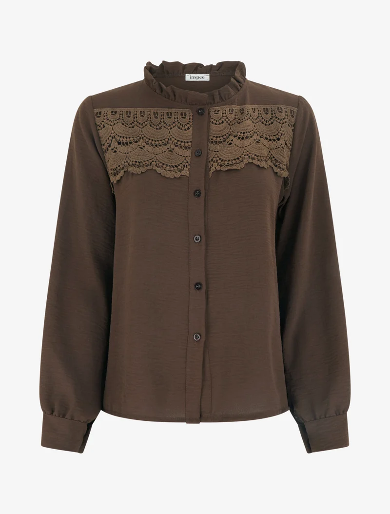 Blouse à col montant volanté et dentelle - Marron