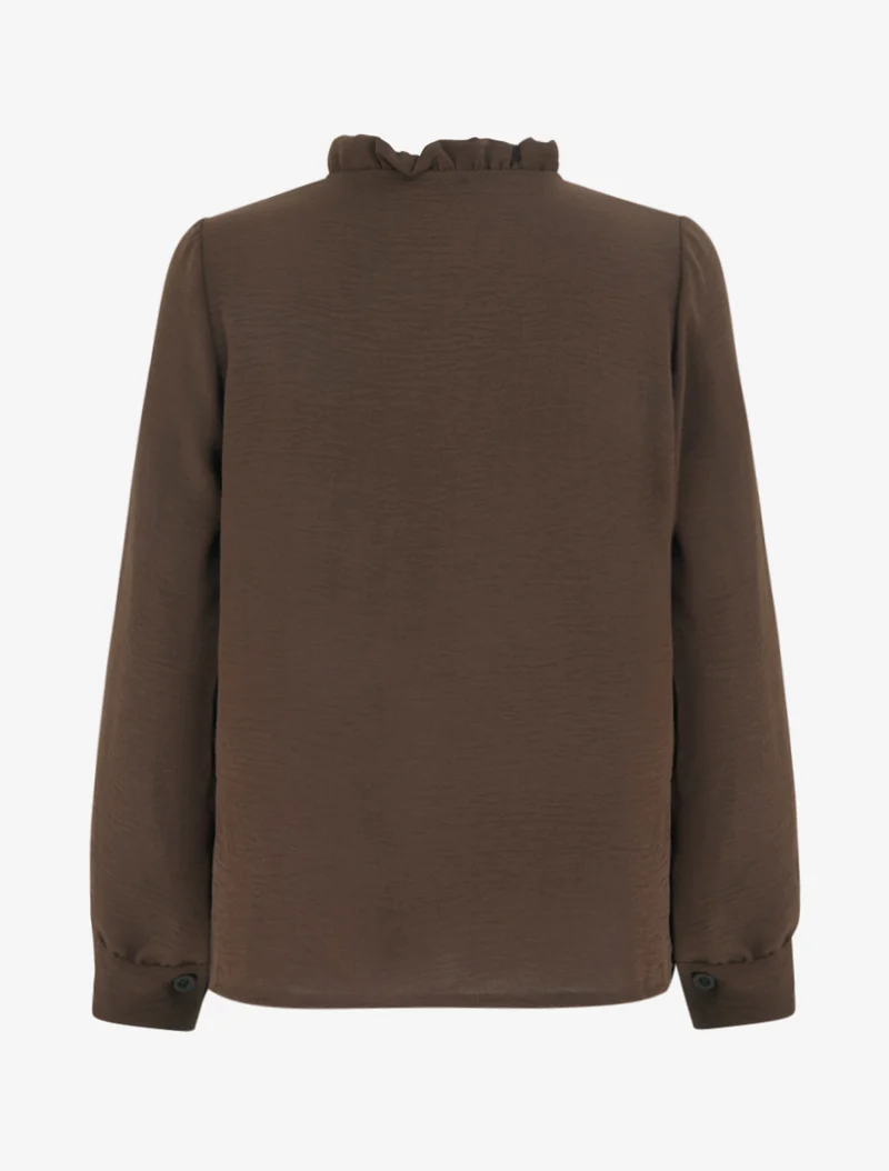 Blouse à col montant volanté et dentelle - Marron