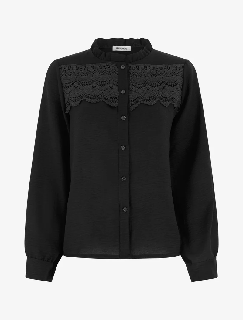 Blouse à col montant volanté et dentelle - Noir