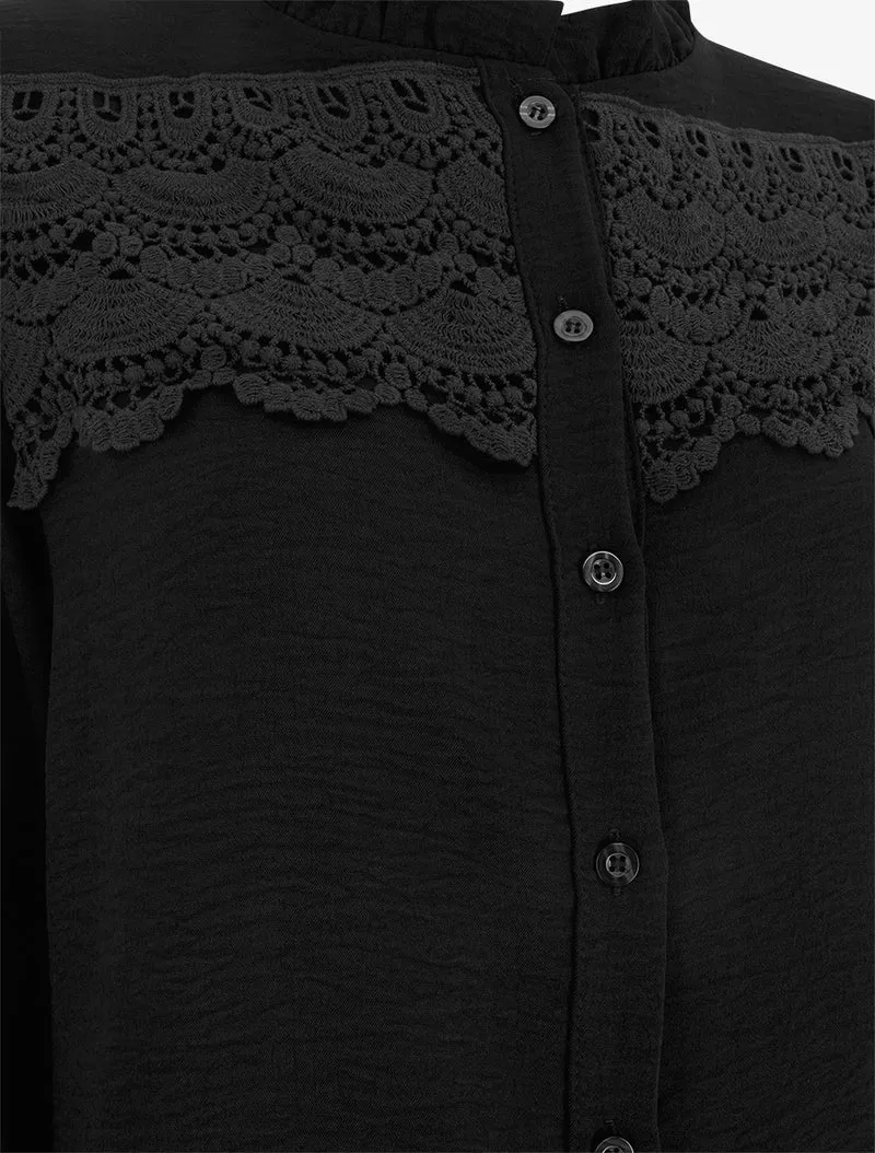 Blouse à col montant volanté et dentelle - Noir