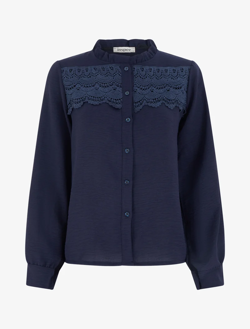 Blouse à col montant volanté et dentelle - Marine