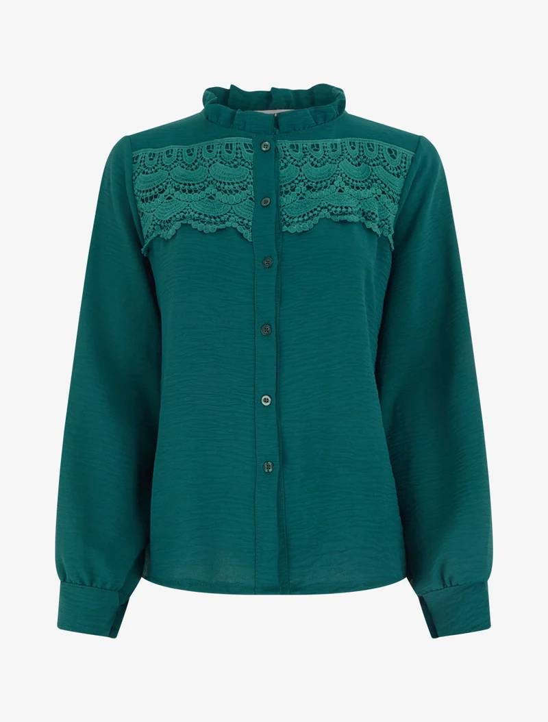 Blouse à col montant volanté et dentelle - Vert foncé