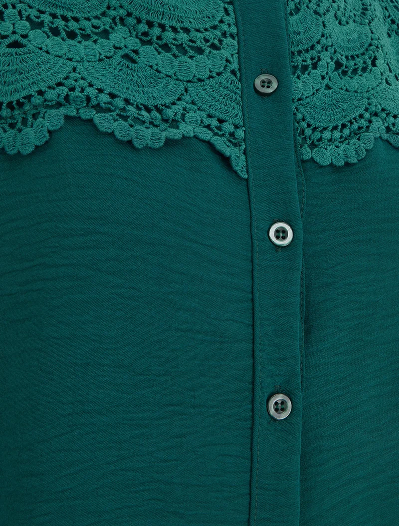 Blouse à col montant volanté et dentelle - Vert foncé