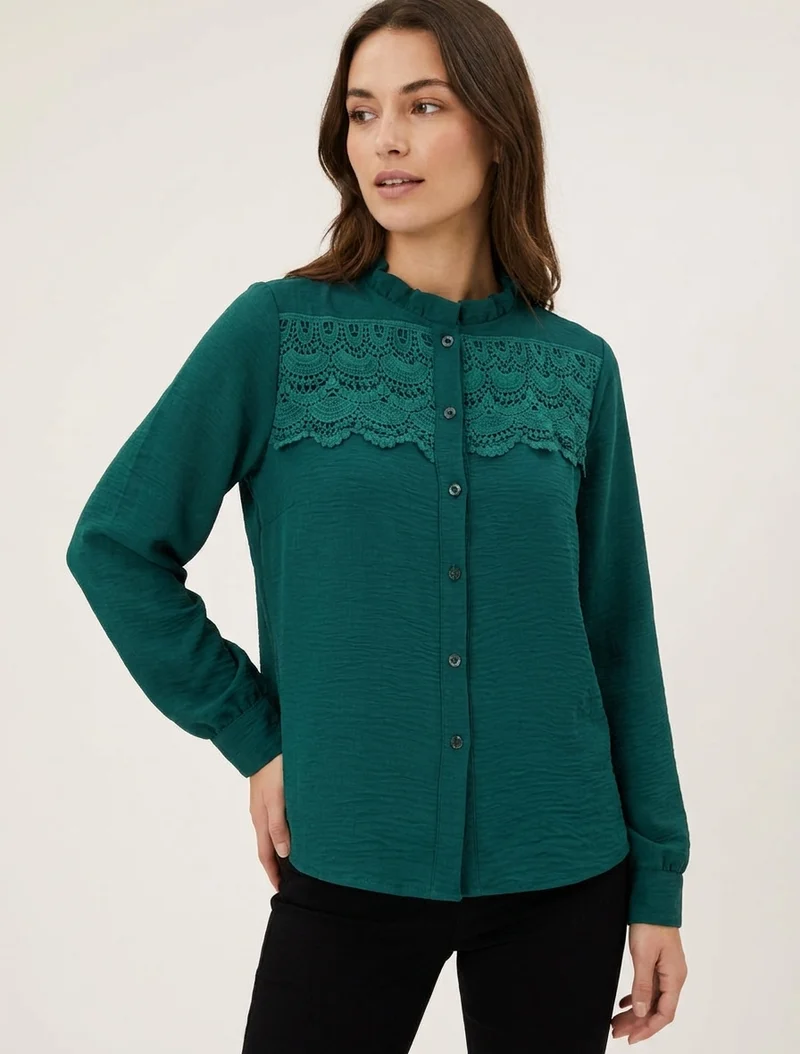 Blouse à col montant volanté et dentelle - Vert foncé