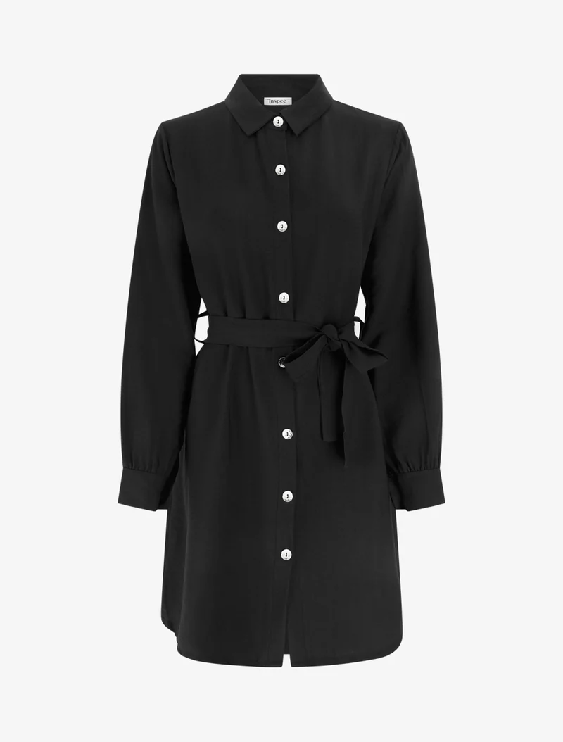 Robe chemise droite à manches longues - Noir