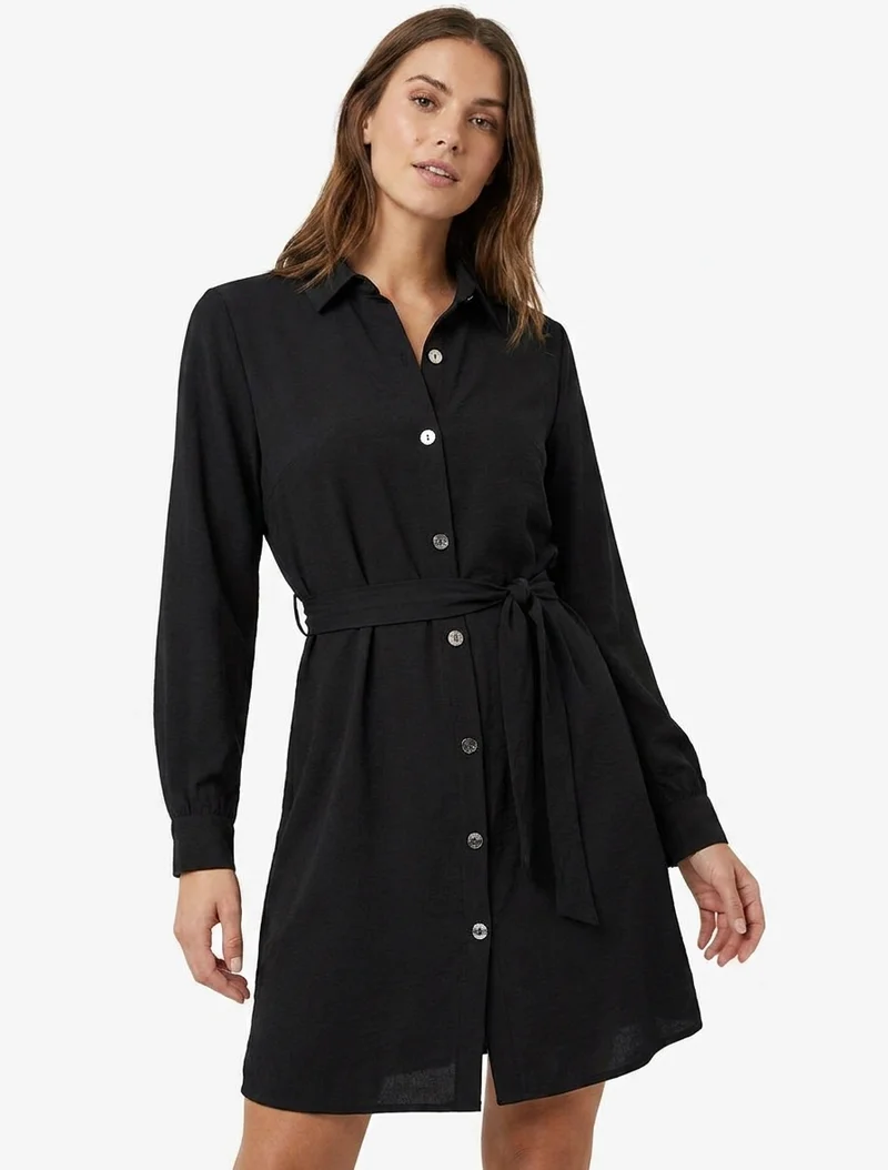 Robe chemise droite à manches longues - Noir