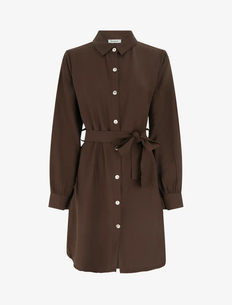 Robe chemise droite à manches longues - Marron
