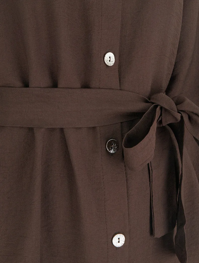 Robe chemise droite à manches longues - Marron