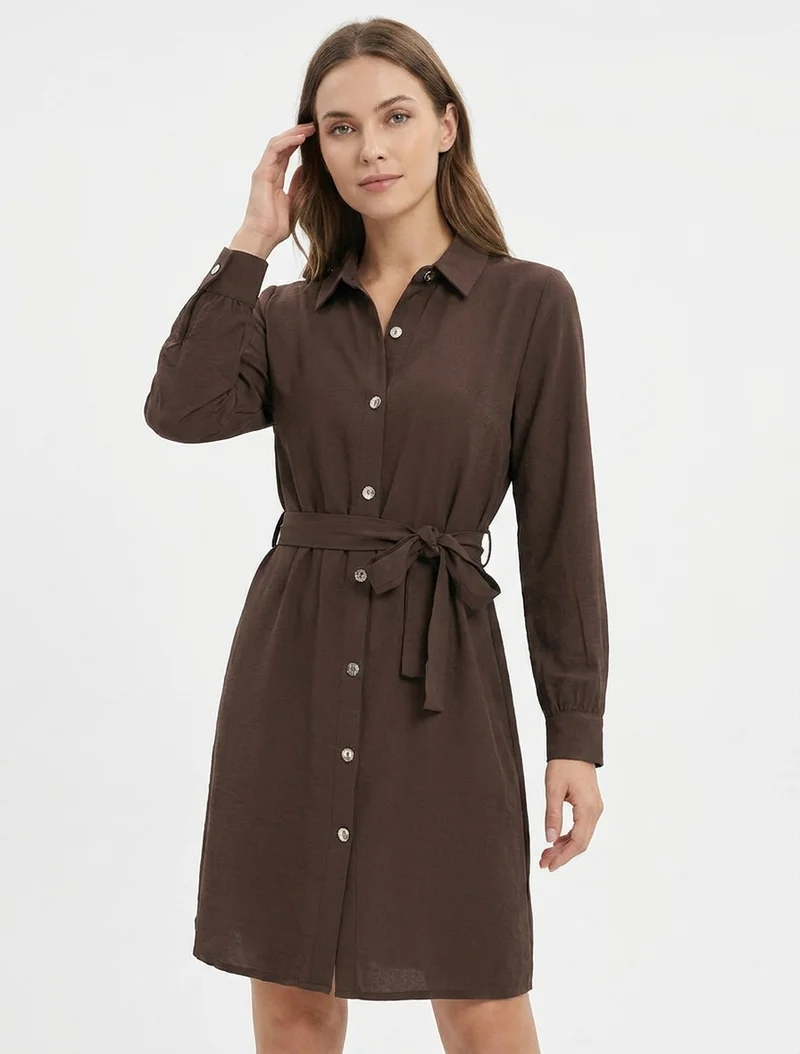 Robe chemise droite à manches longues - Marron