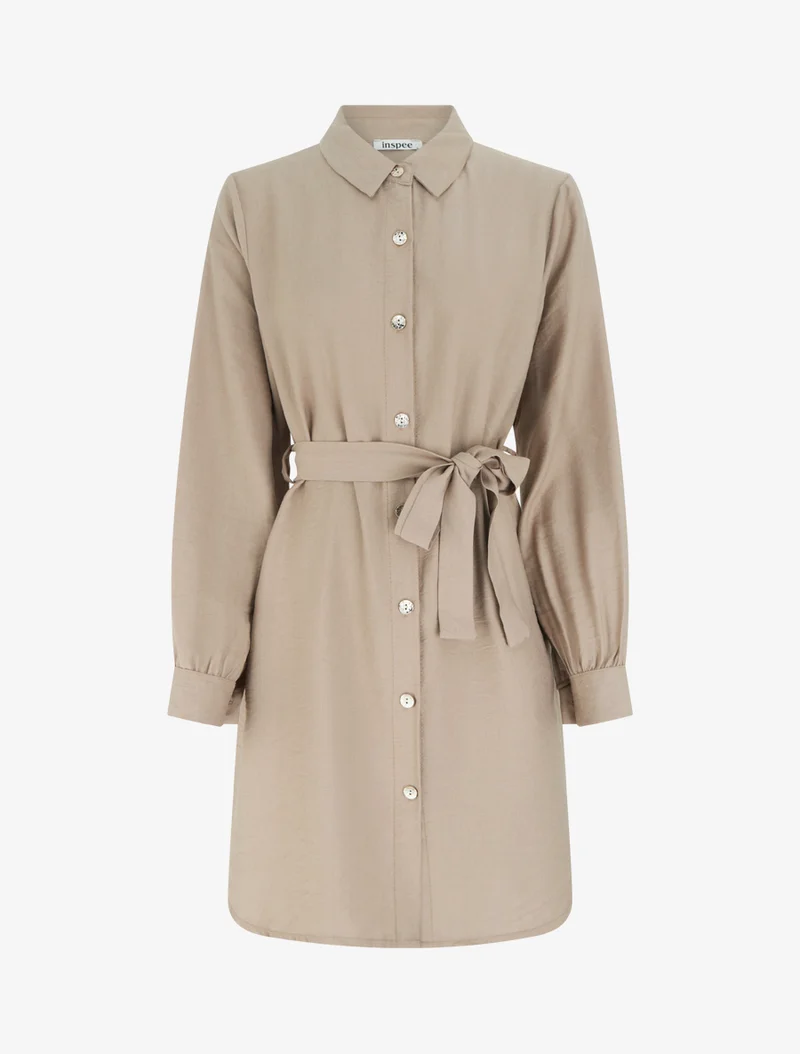 Robe chemise droite à manches longues - Beige