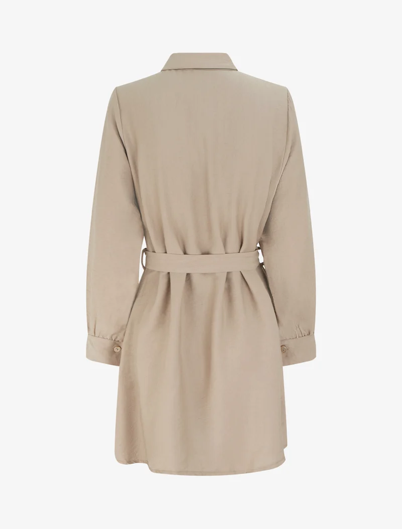 Robe chemise droite à manches longues - Beige