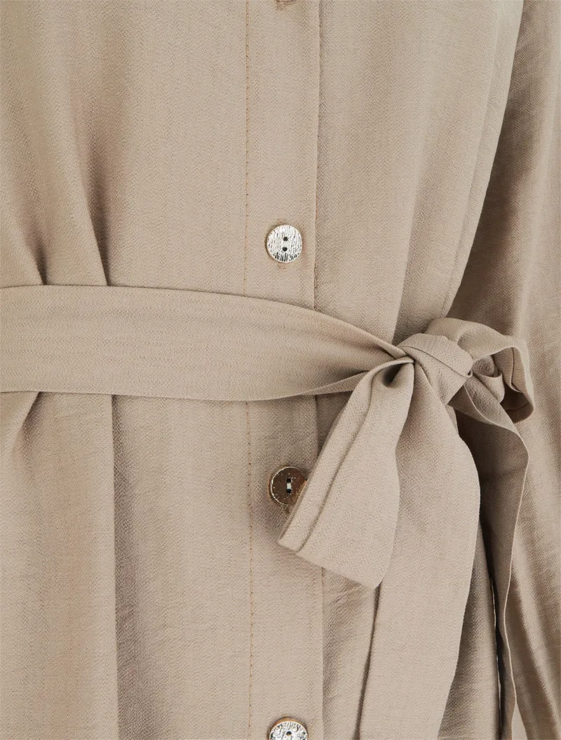 Robe chemise droite à manches longues - Beige