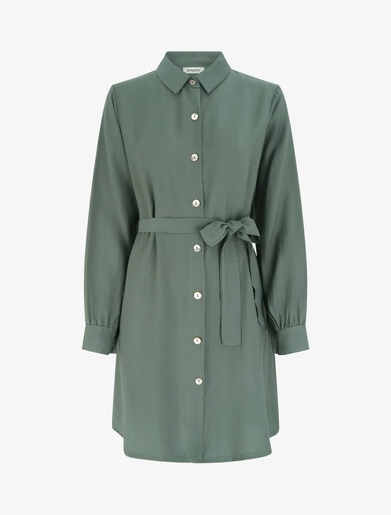 Robe chemise droite à manches longues - Kaki