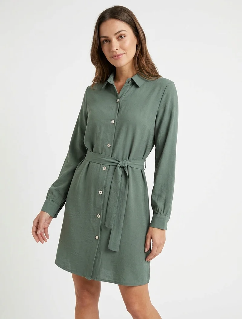 Robe chemise droite à manches longues - Kaki