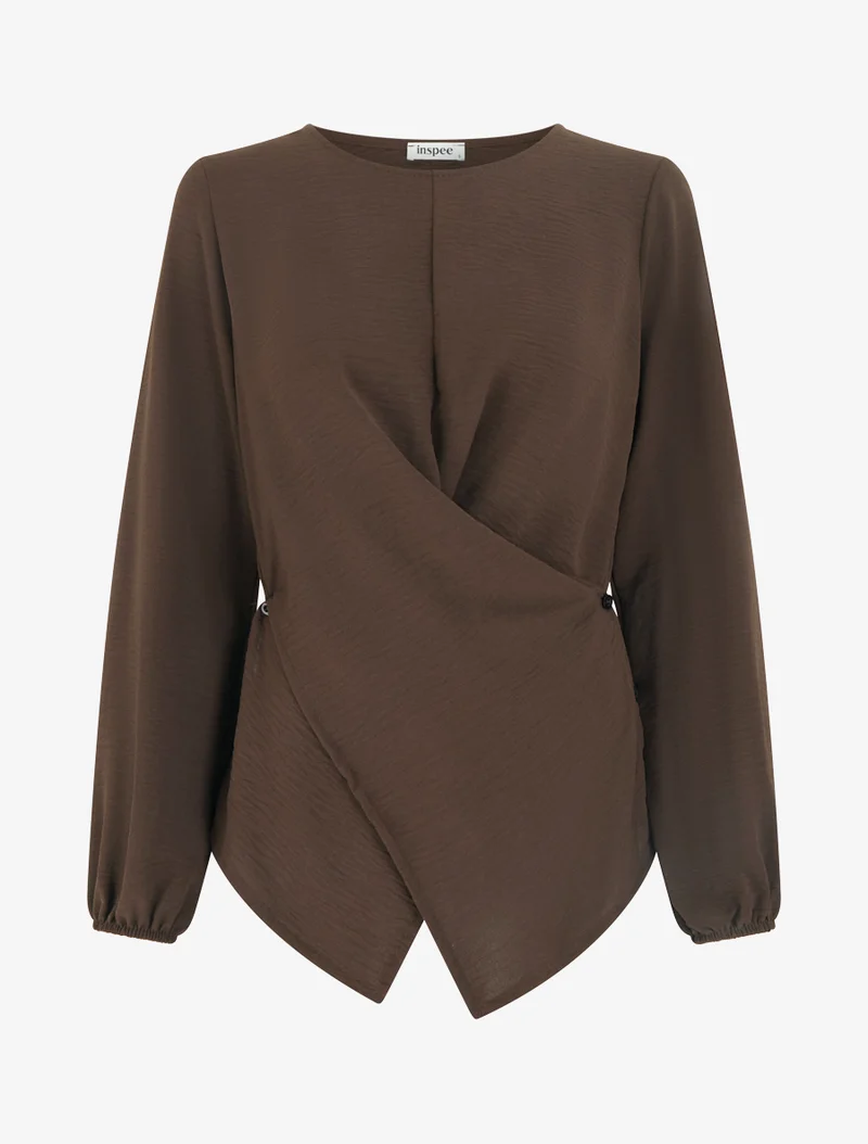 Top droit à bords boutonnés et effet croisé - Marron