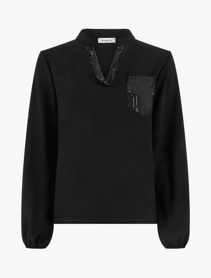 Top droit à col V et poche à sequins - Noir