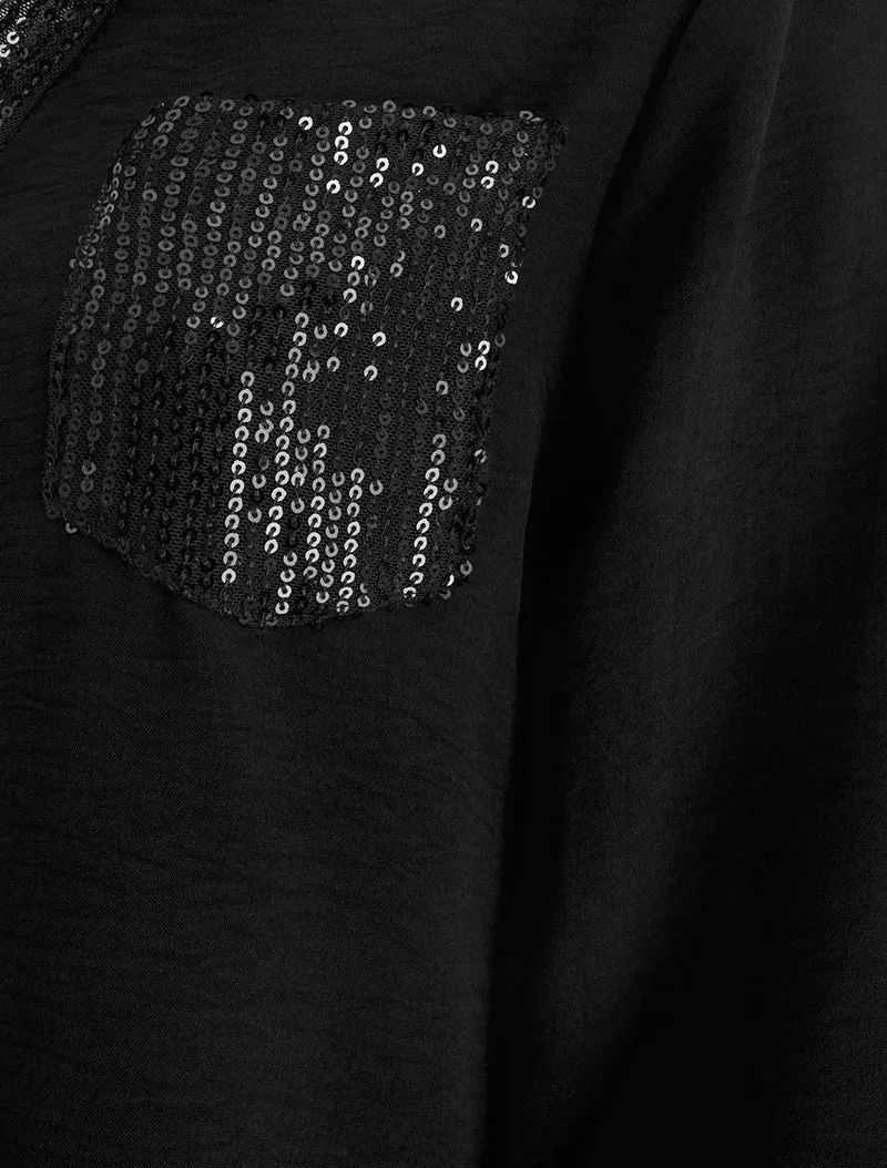 Top droit à col V et poche à sequins - Noir