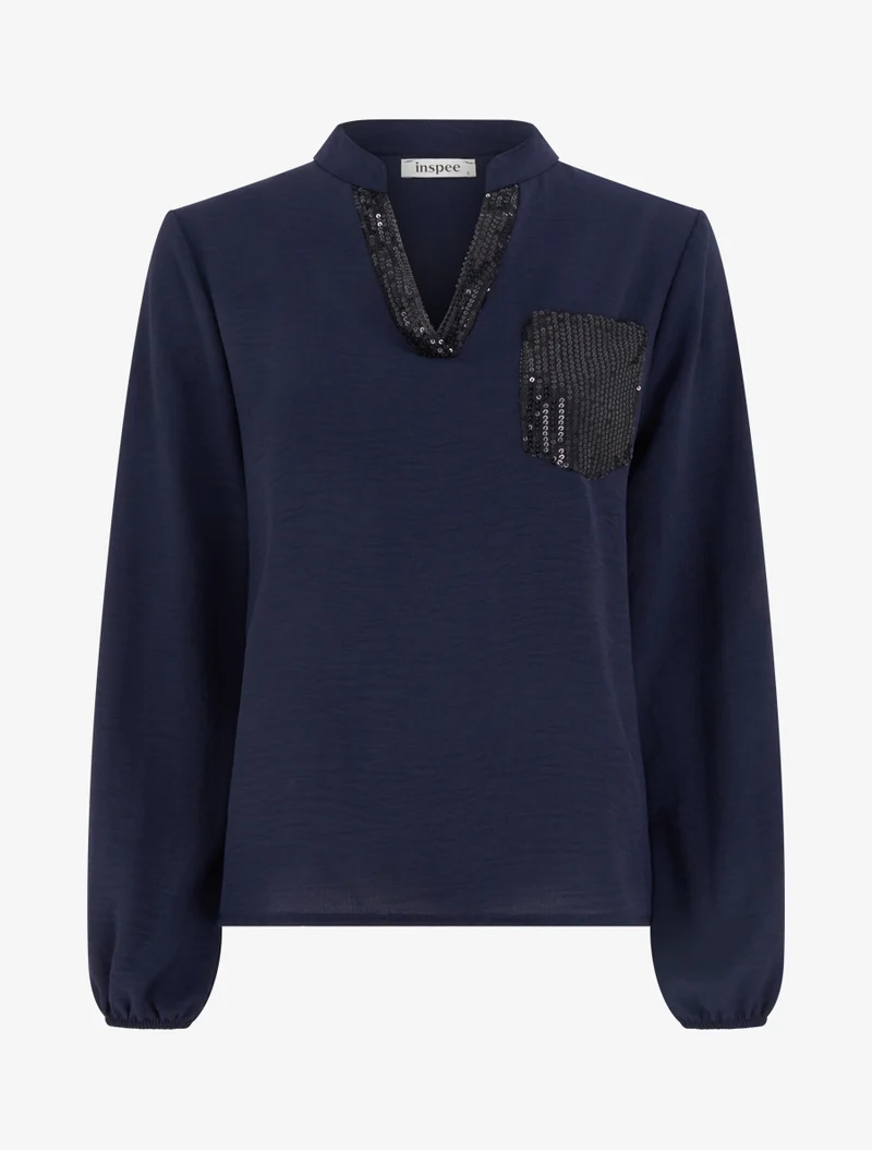 Top droit à col V et poche à sequins - Marine