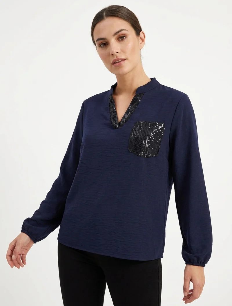 Top droit à col V et poche à sequins - Marine