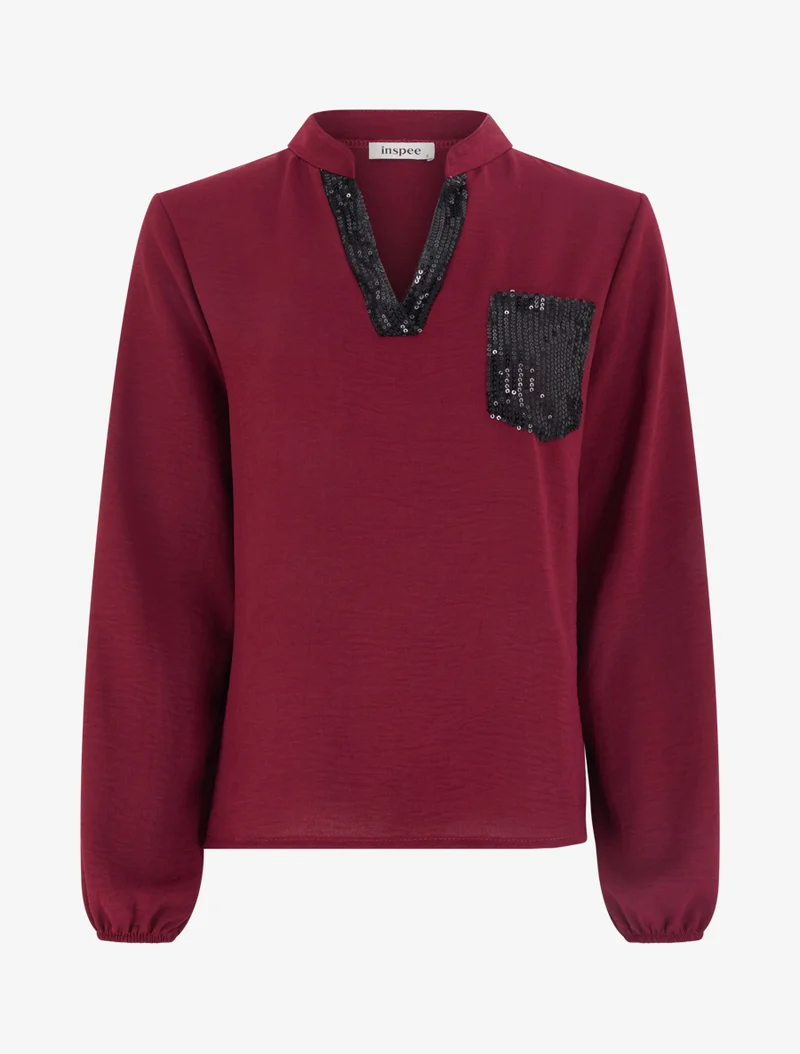 Top droit à col V et poche à sequins - Lie de vin