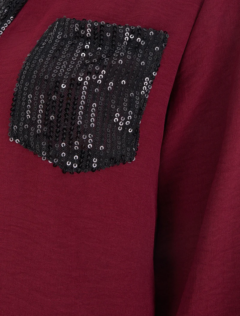 Top droit à col V et poche à sequins - Lie de vin