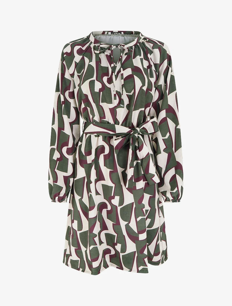Robe satinée à manches longues et imprimé graphique - Kaki