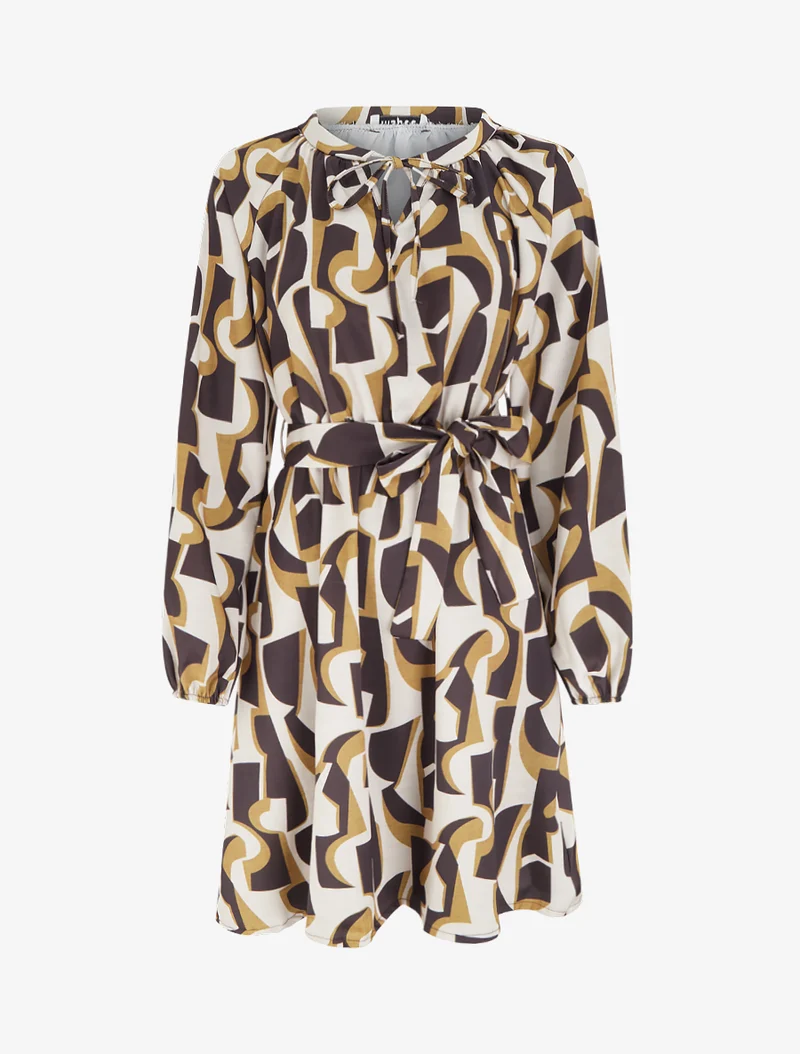 Robe satinée à manches longues et imprimé graphique - Marron