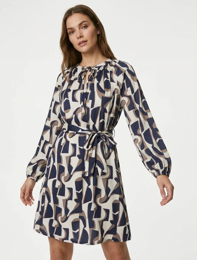 Robe satinée à manches longues et imprimé graphique - Marine