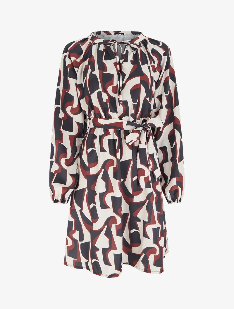 Robe satinée à manches longues et imprimé graphique - Noir
