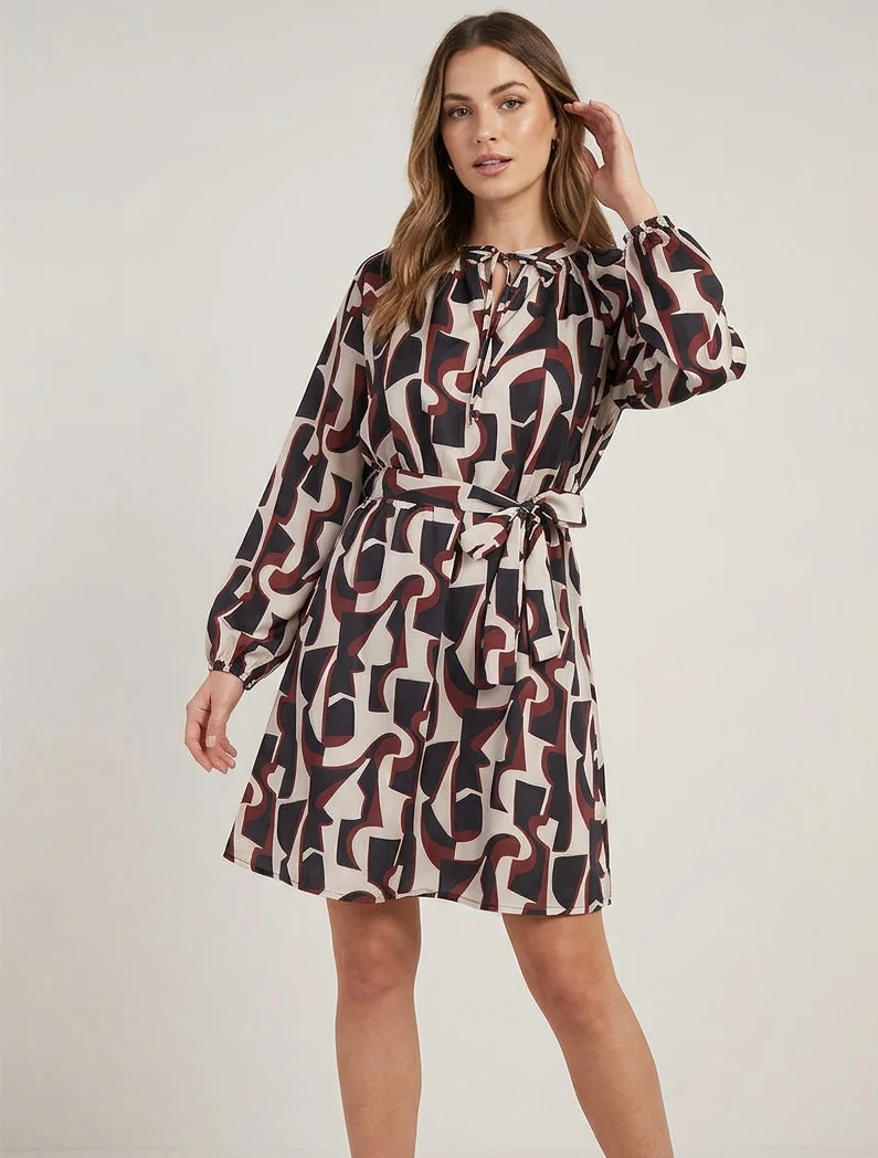 Robe satinée à manches longues et imprimé graphique - Noir